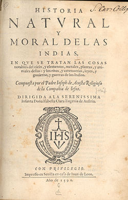 Primera página de la Historia natural y moral de las Indias del padre jesuita José de Acosta.